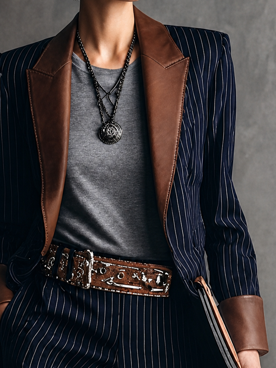 Women's Vintage-Style Navy Striped Cotton-Blend Blazer With Brown Leather-Look Contrast Collar