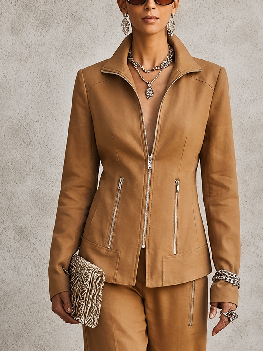 Women's Casual Brown Cotton-Blend Jacket With Stand Collar And Zip Pockets