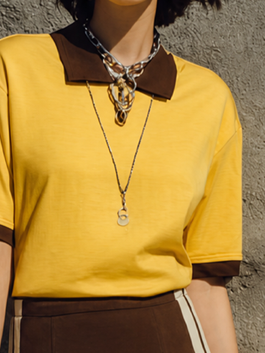 Women's Retro Casual Yellow Brown Cotton Blend Contrast Collar Short Sleeve Top