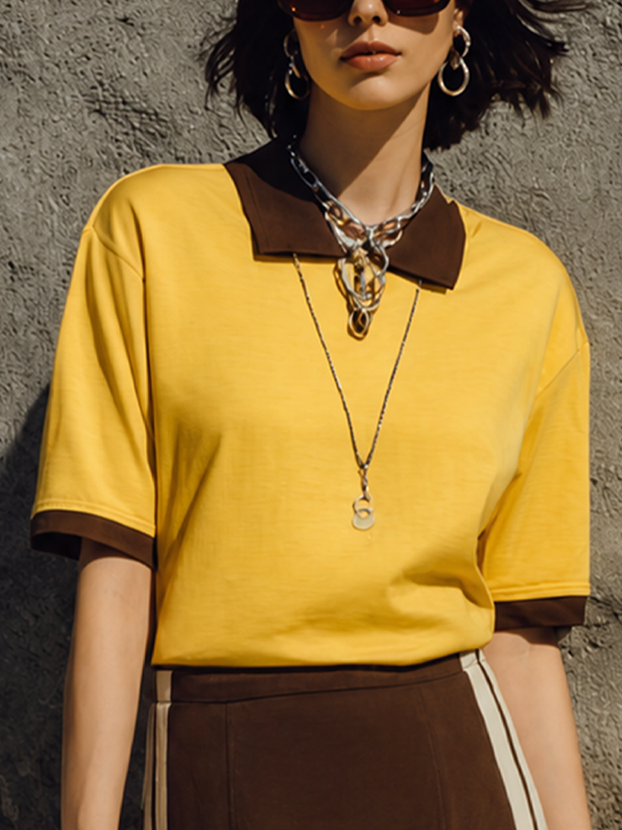 Women's Retro Casual Yellow Brown Cotton Blend Contrast Collar Short Sleeve Top