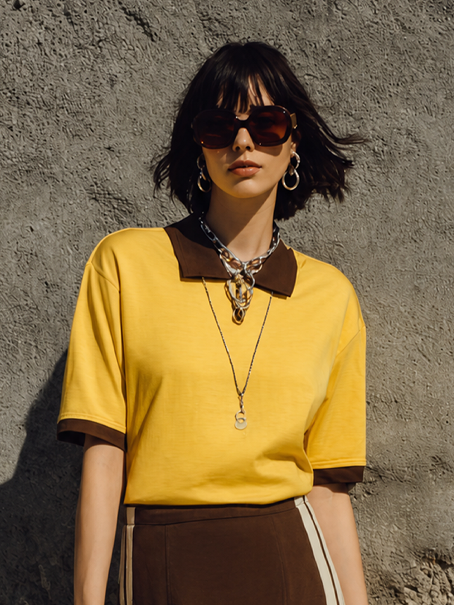 Women's Retro Casual Yellow Brown Cotton Blend Contrast Collar Short Sleeve Top