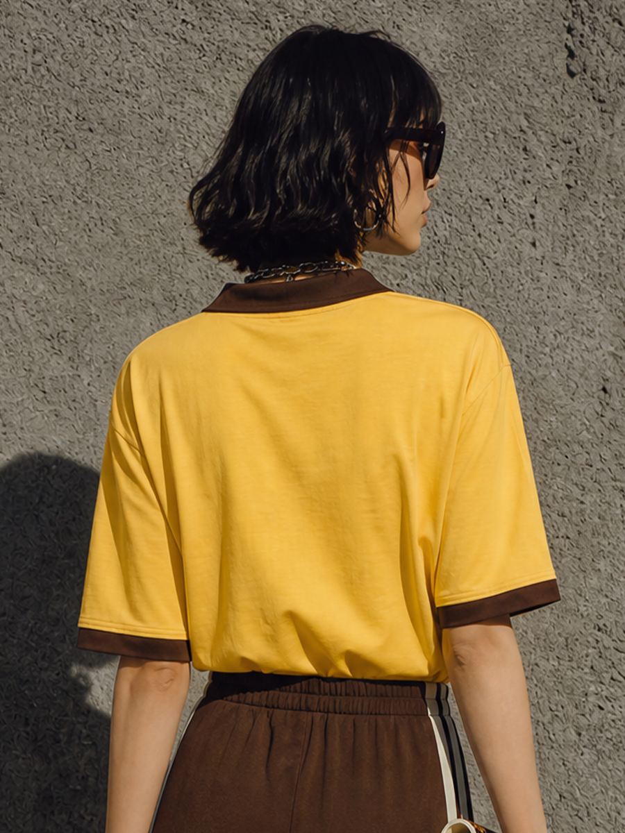 Women's Retro Casual Yellow Brown Cotton Blend Contrast Collar Short Sleeve Top