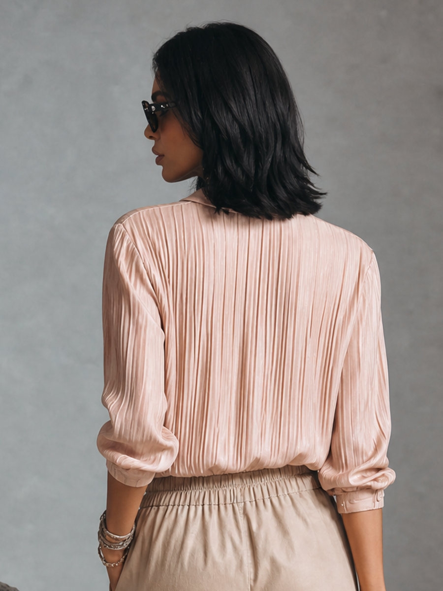 Women's Elegant Pink Satin Pleated Button-Down Long Sleeve Shirt