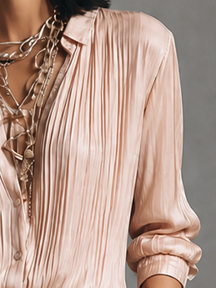Women's Elegant Pink Satin Pleated Button-Down Long Sleeve Shirt