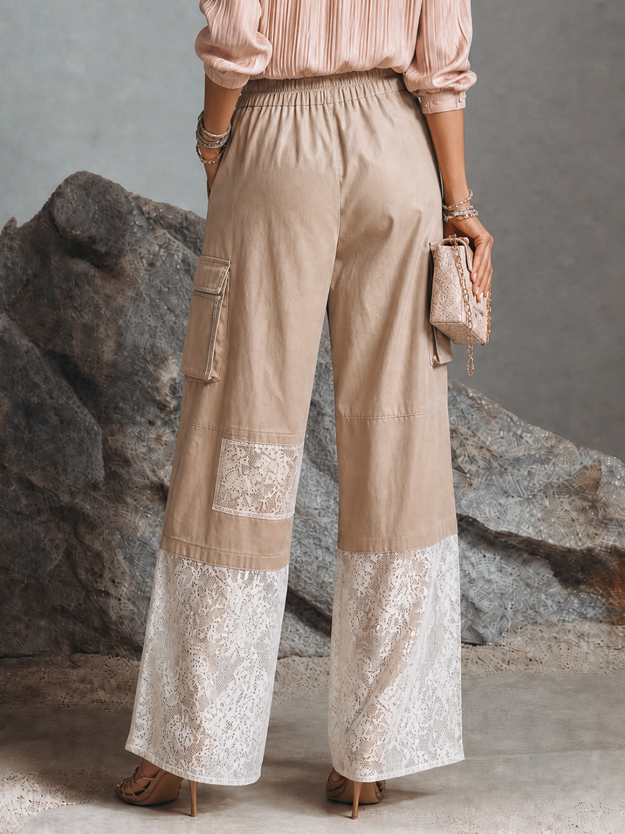 Women's Casual Khaki Cotton Blend Lace Panel Zipper Pocket Wide-Leg Cargo Pants MDZ2093G4GMJ