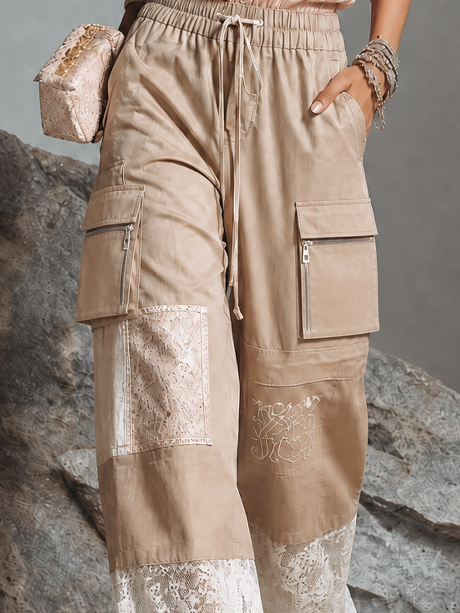 Women's Casual Khaki Cotton Blend Lace Panel Zipper Pocket Wide-Leg Cargo Pants MDZ2093G4GMJ
