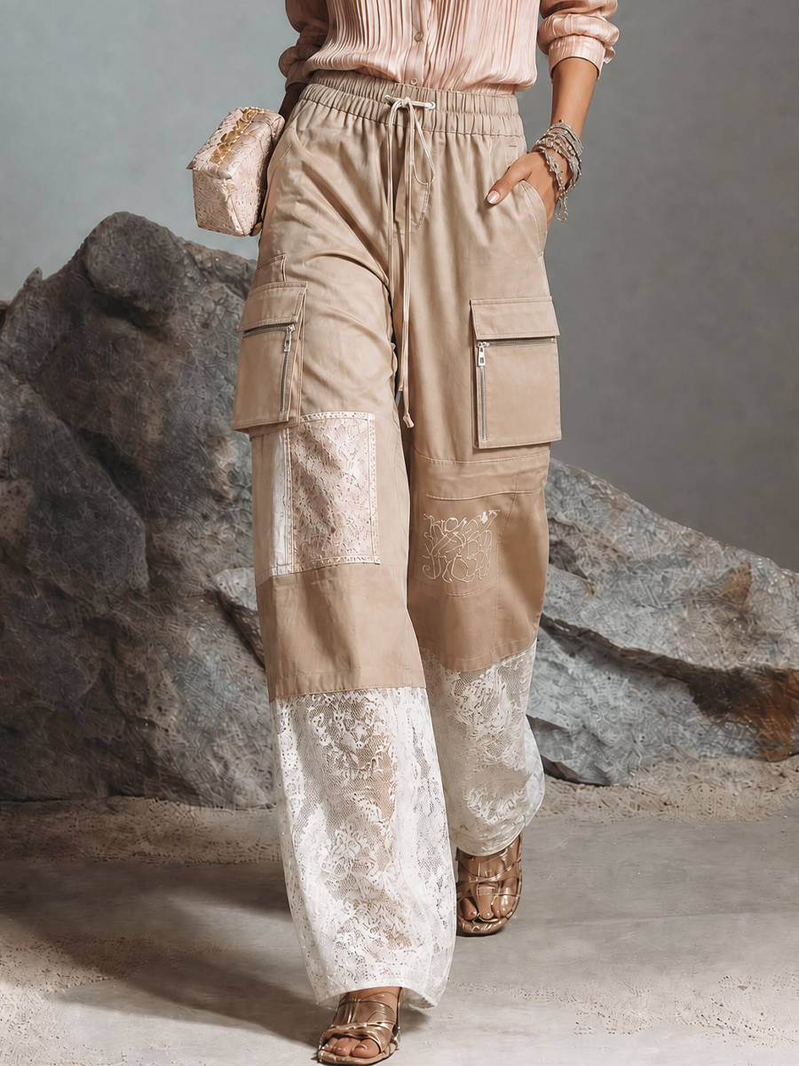 Women's Casual Khaki Cotton Blend Lace Panel Zipper Pocket Wide-Leg Cargo Pants MDZ2093G4GMJ