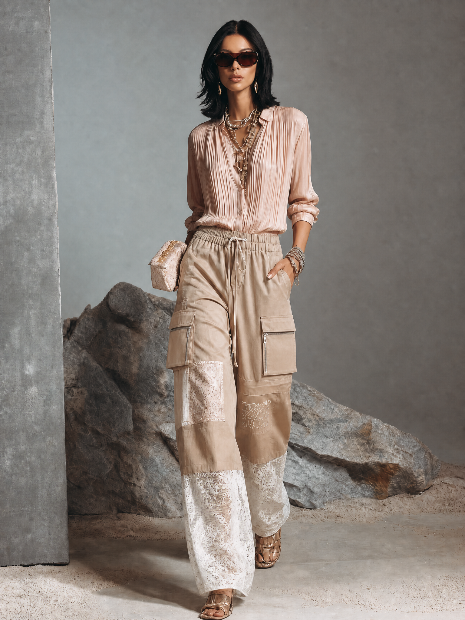 Women's Casual Khaki Cotton Blend Lace Panel Zipper Pocket Wide-Leg Cargo Pants MDZ2093G4GMJ