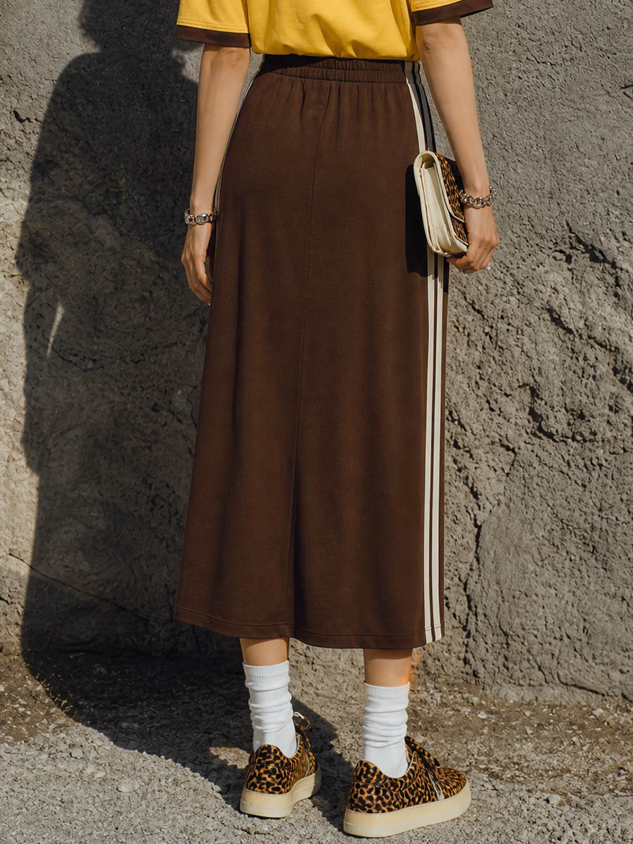 Women's Retro Casual Dark Brown Cotton Blend Contrast Side Stripe Side Slit Midi Skirt MDZ2087G5GMJ