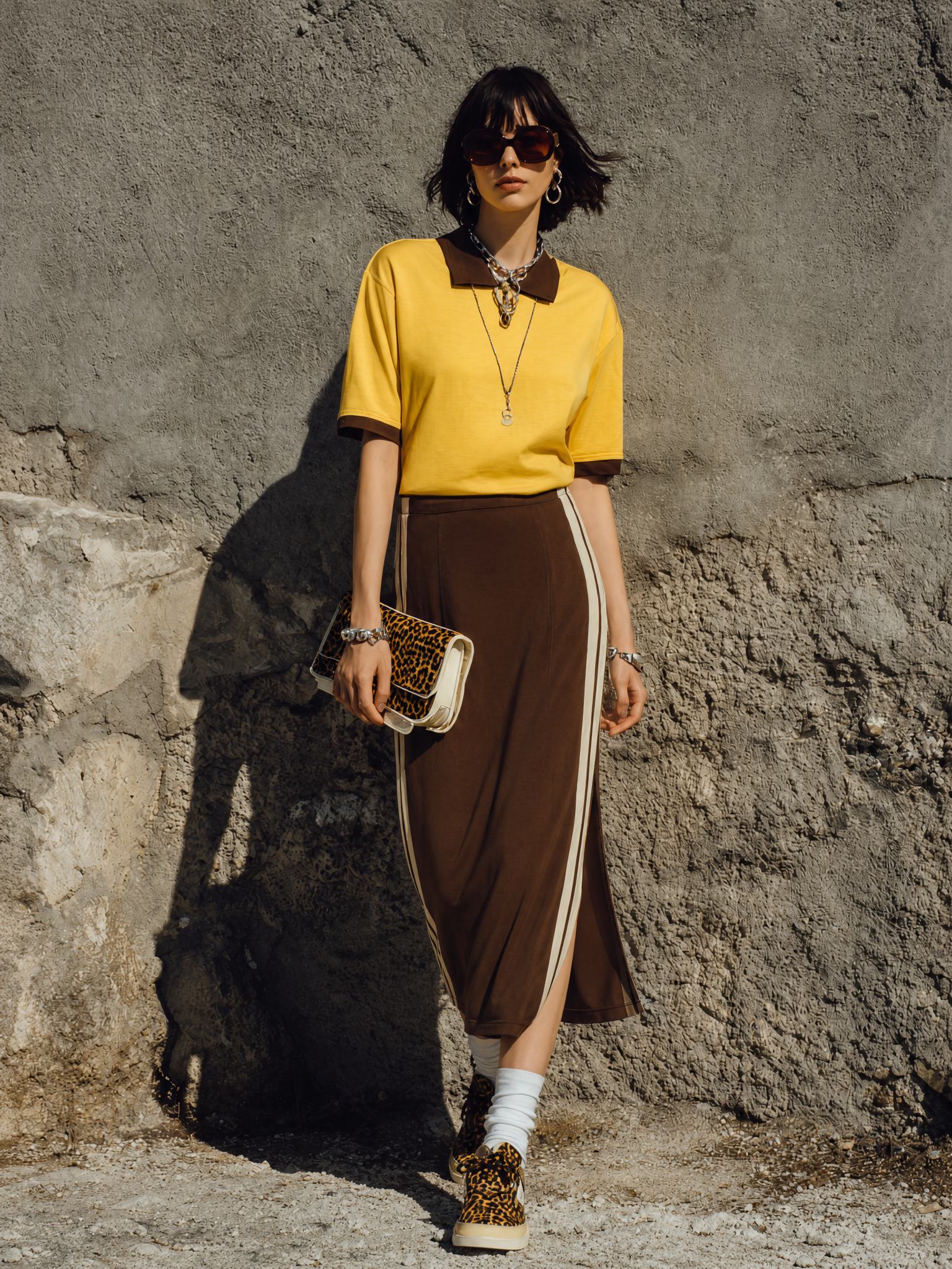 Women's Retro Casual Dark Brown Cotton Blend Contrast Side Stripe Side Slit Midi Skirt MDZ2087G5GMJ