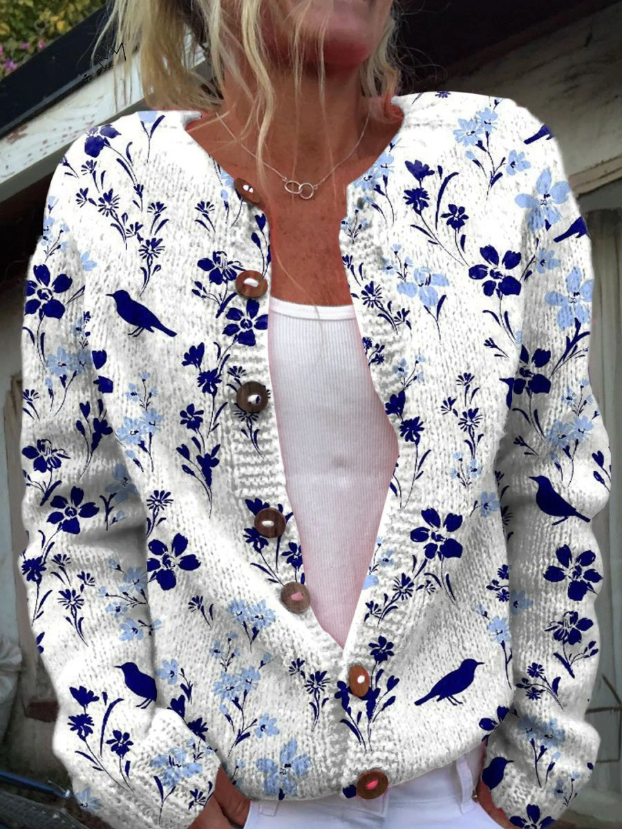 Alice | Vintage Floral Bird Print Button-Front Cardigan Sweater