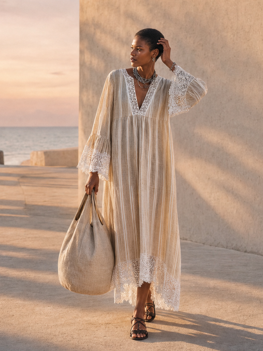 Women's Minimalist Beige Vertical-Stripe Maxi Dress With White Lace Trim And Flared Long Sleeves