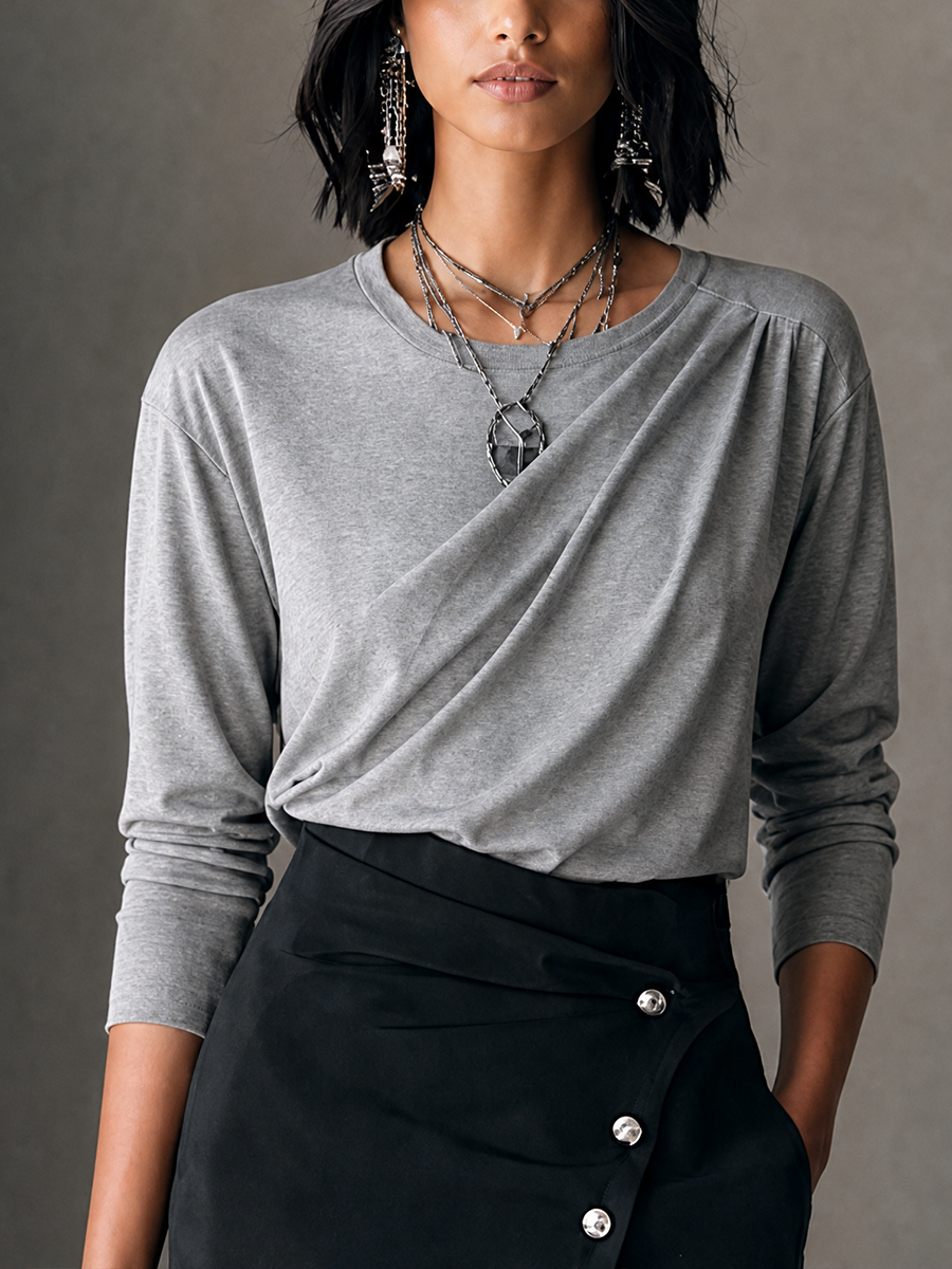 Women's Casual Elegant Heather Grey Knit Cotton Blend Draped Twist Front Long Sleeve Top