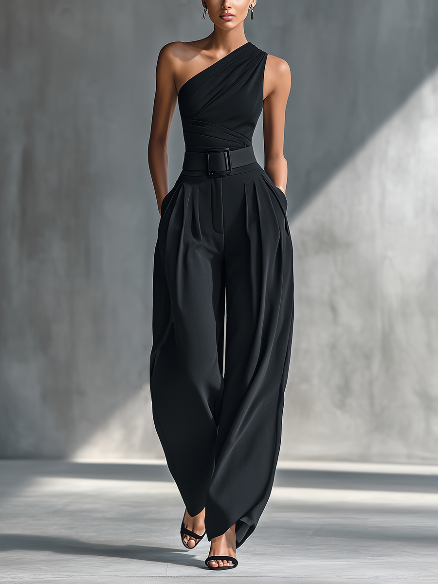 Women's Black Draped Wide-Leg Trousers MDZ2483B4T