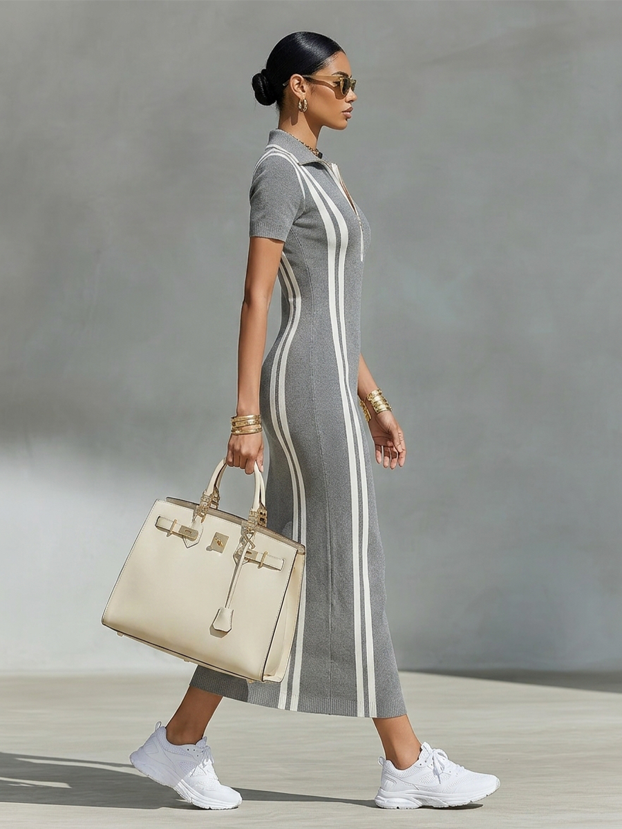 Women's Grey Stretchy Rib Knit Maxi Dress With Zip Polo Collar & Vertical Side Stripes, Chic Sporty Bodycon Pencil Dress