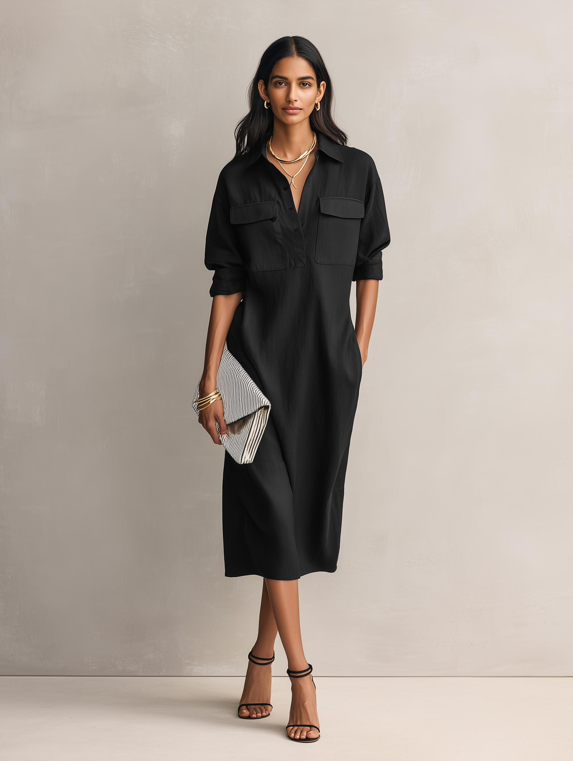 Women's Elegant Black Cotton-linen Blend Shirt Collar Short-sleeved Midi Dress MDZ0455C2AN