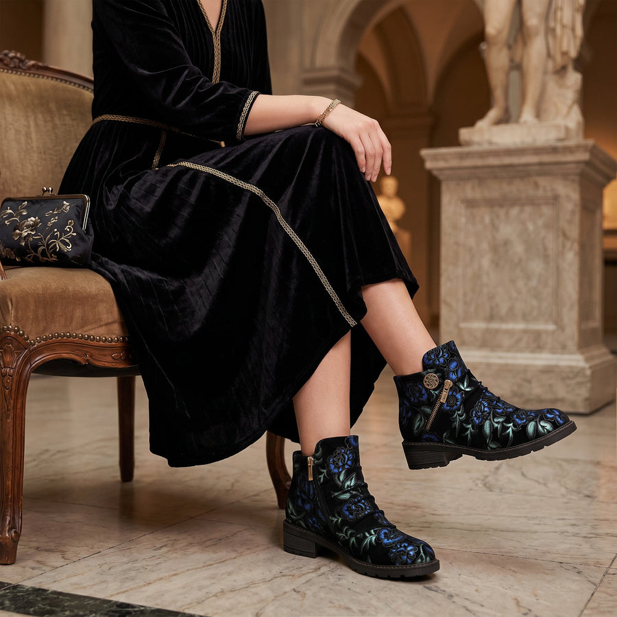 Midnight Floral Velvet Ankle Boots