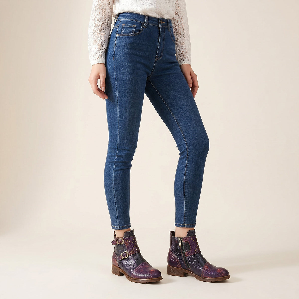 VINTAGE HANDMADE EMBOSSED ROSE FLAT BOOTS