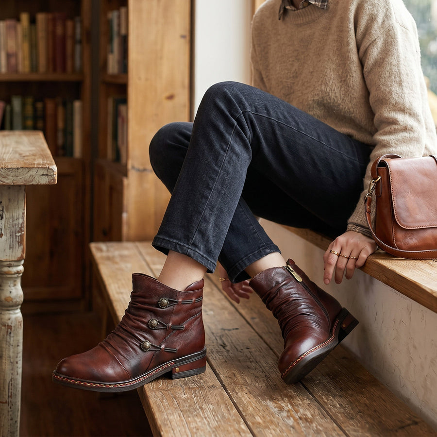 Retro Charm Leather Flat Ankle Boots