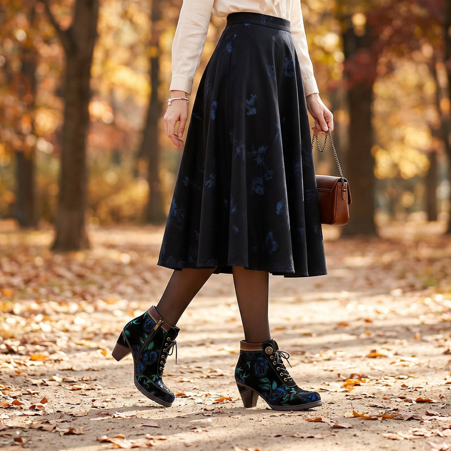 Vintage Nocturne Blossom Ankle Boots