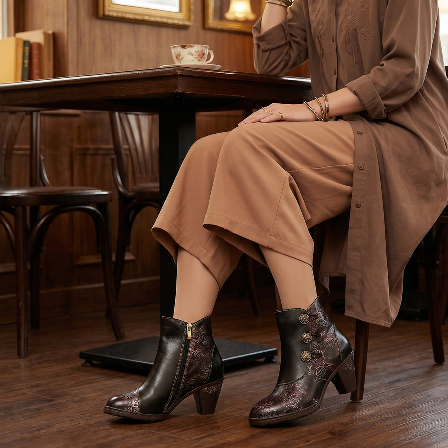 RETRO HANDMADE FLORAL STITCHING BUTTON BOOTS