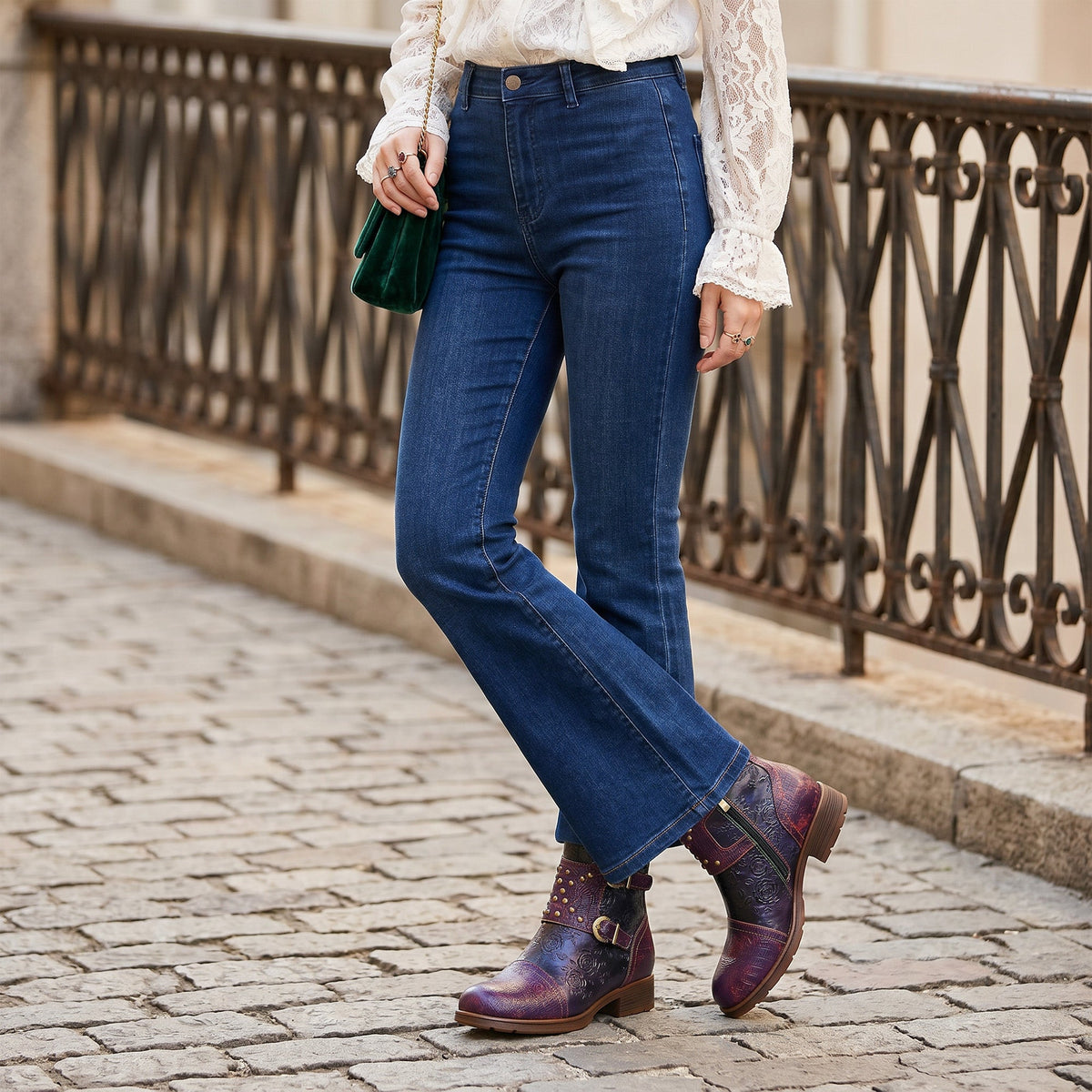 VINTAGE HANDMADE EMBOSSED ROSE FLAT BOOTS