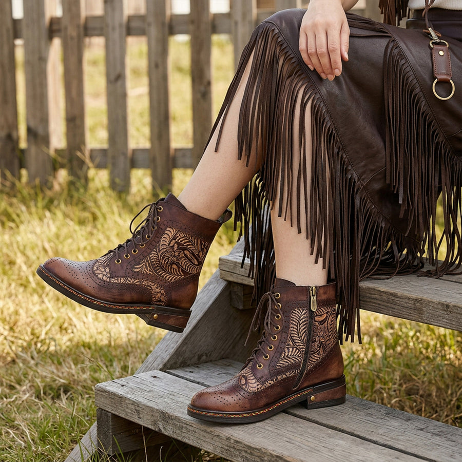 FLORAL ENGRAVED VINTAGE LEATHER ANKLE BOOTS