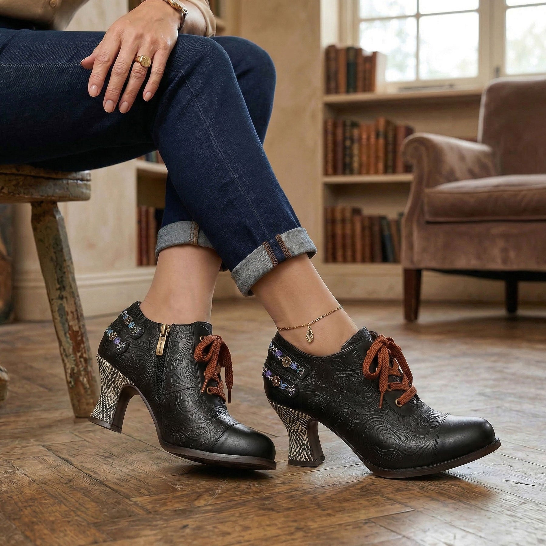 Floral Embossed Lace-Up Heels