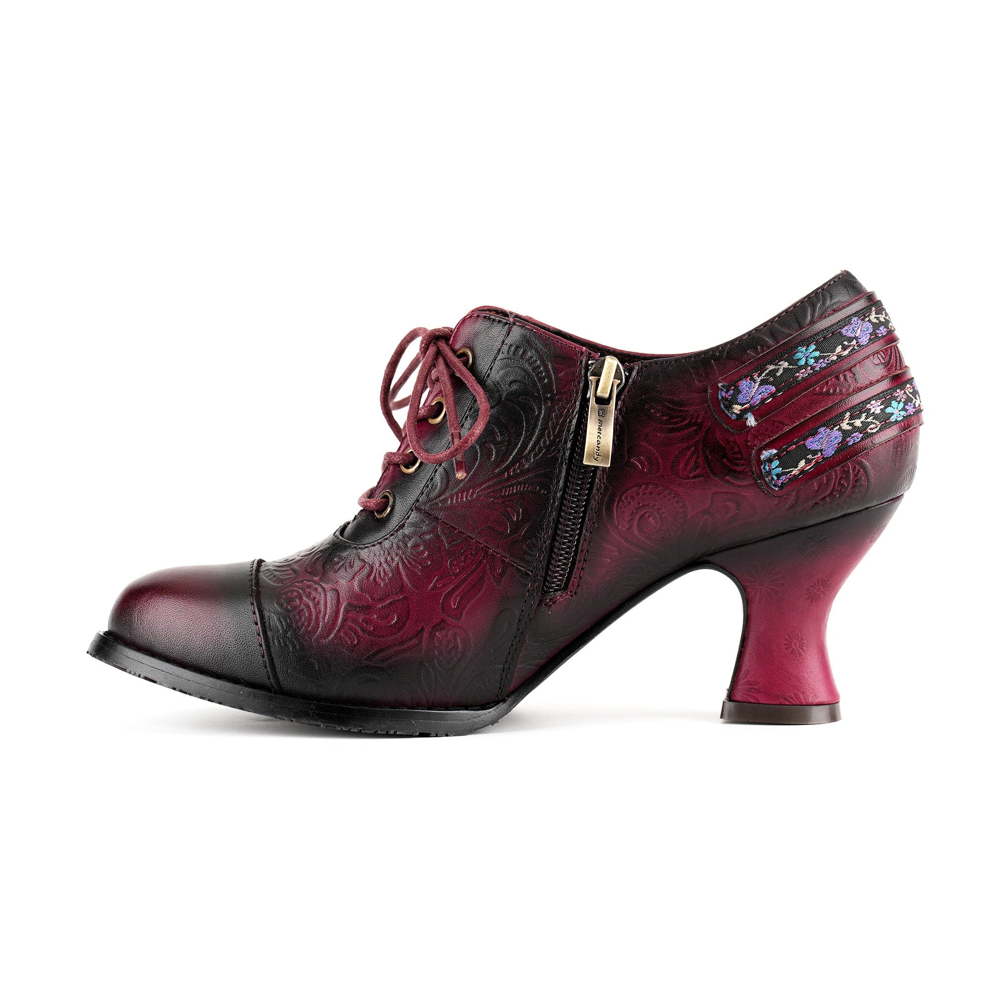 Floral Embossed Lace-Up Heels