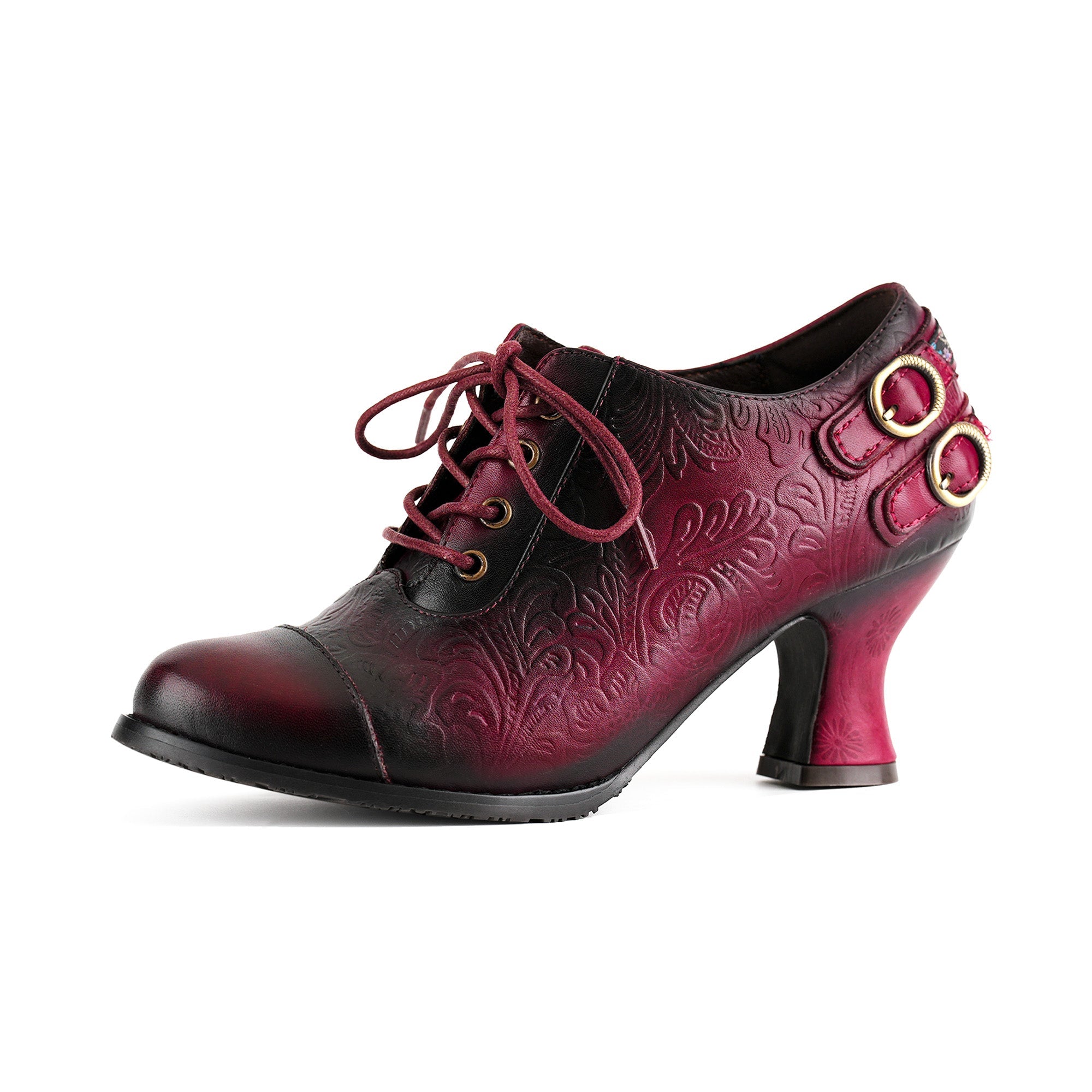 Floral Embossed Lace-Up Heels