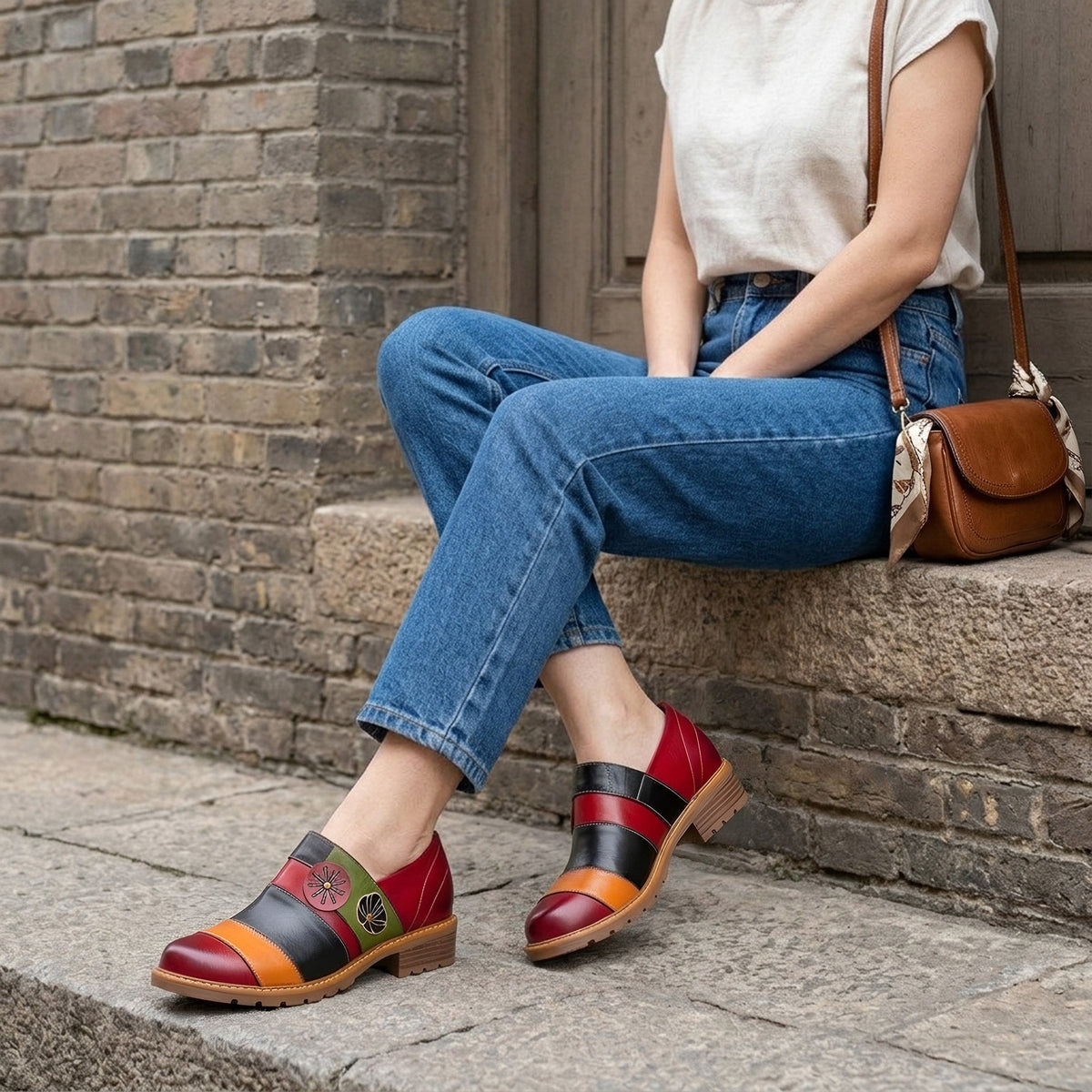 FLORAL COLOR-BLOCK LOAFERS FLATS