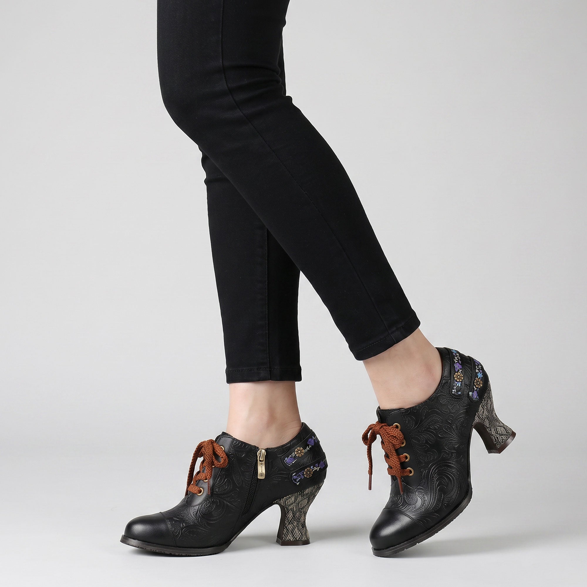 Floral Embossed Lace-Up Heels