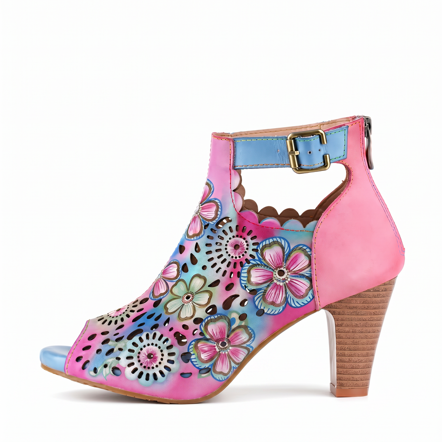 FLORAL CUTOUT BUCKLE SCALLOPED DESIGN SANDALS