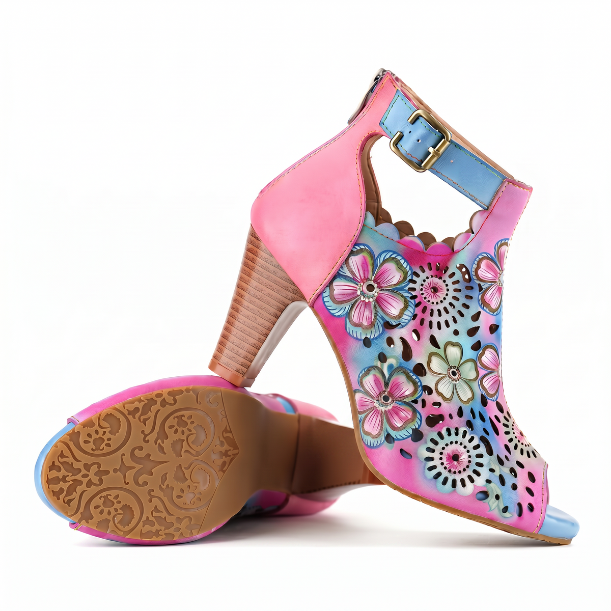 FLORAL CUTOUT BUCKLE SCALLOPED DESIGN SANDALS