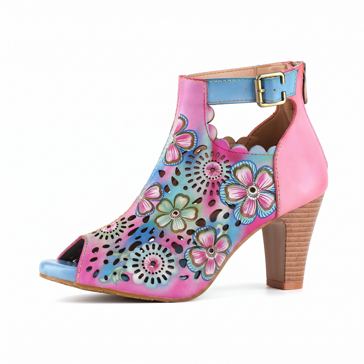 FLORAL CUTOUT BUCKLE SCALLOPED DESIGN SANDALS