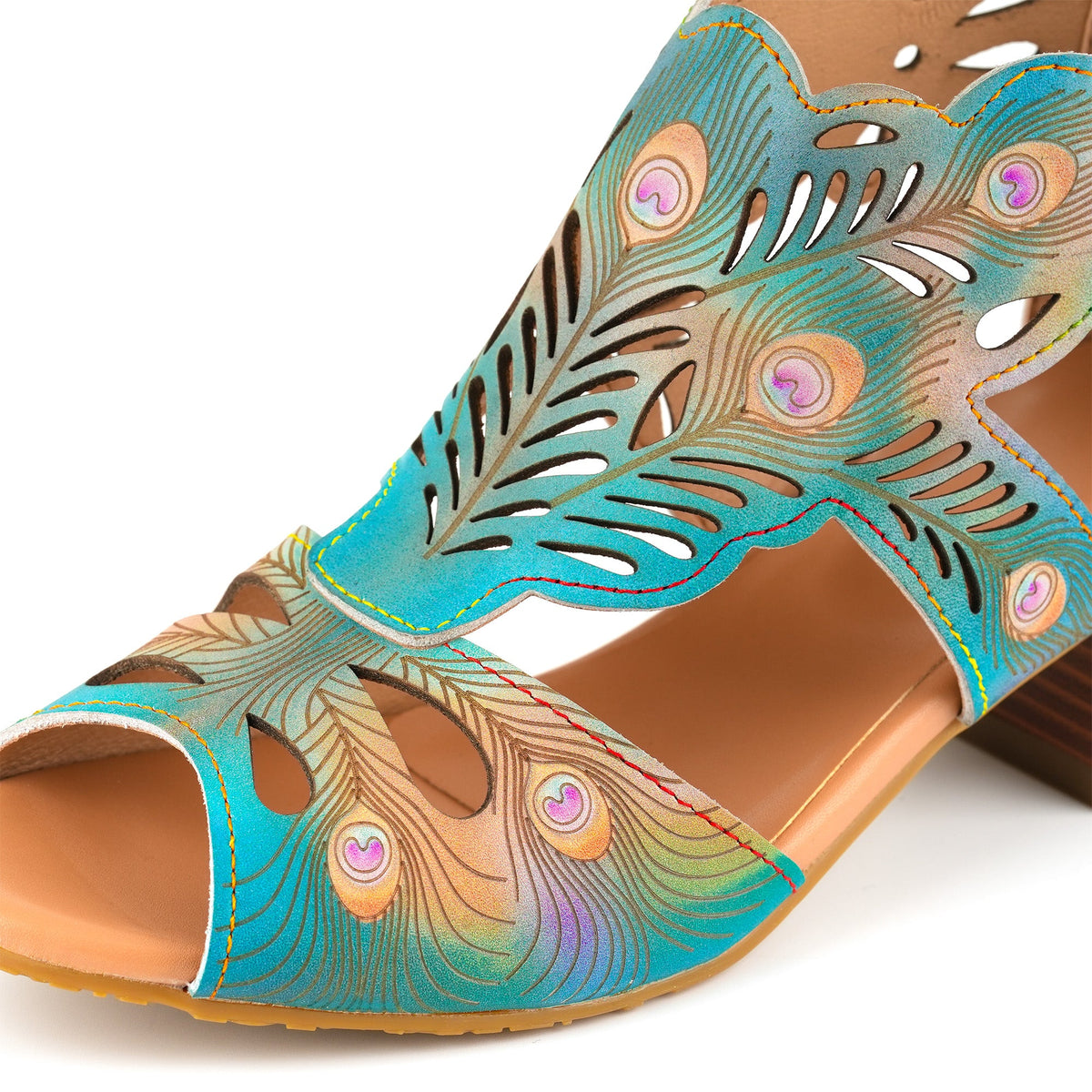 PEACOCK-INSPIRED LEATHER CUTOUT SANDALS