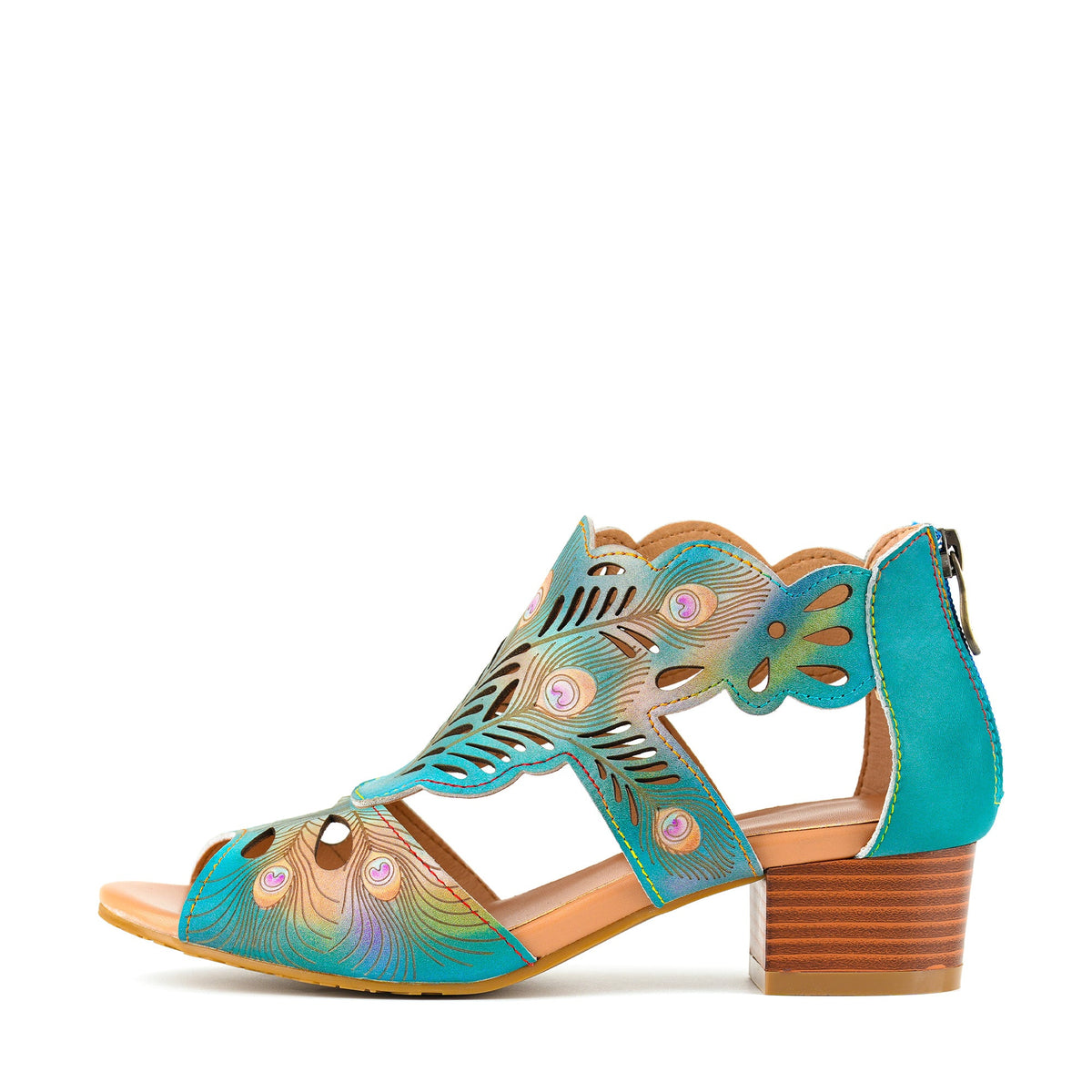 PEACOCK-INSPIRED LEATHER CUTOUT SANDALS