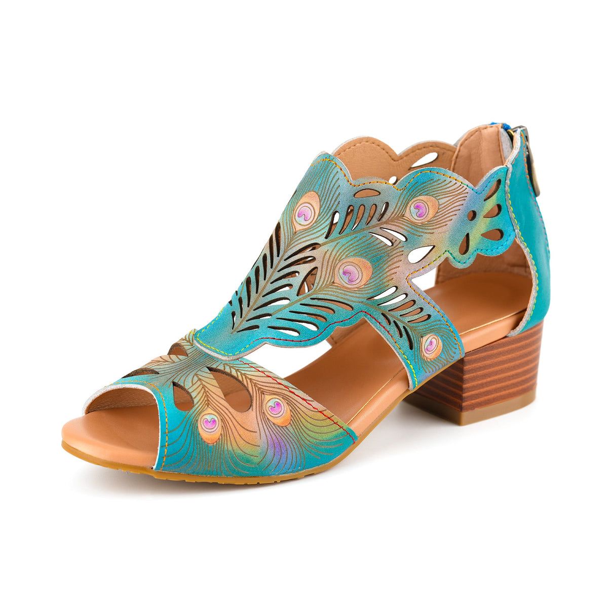 PEACOCK-INSPIRED LEATHER CUTOUT SANDALS