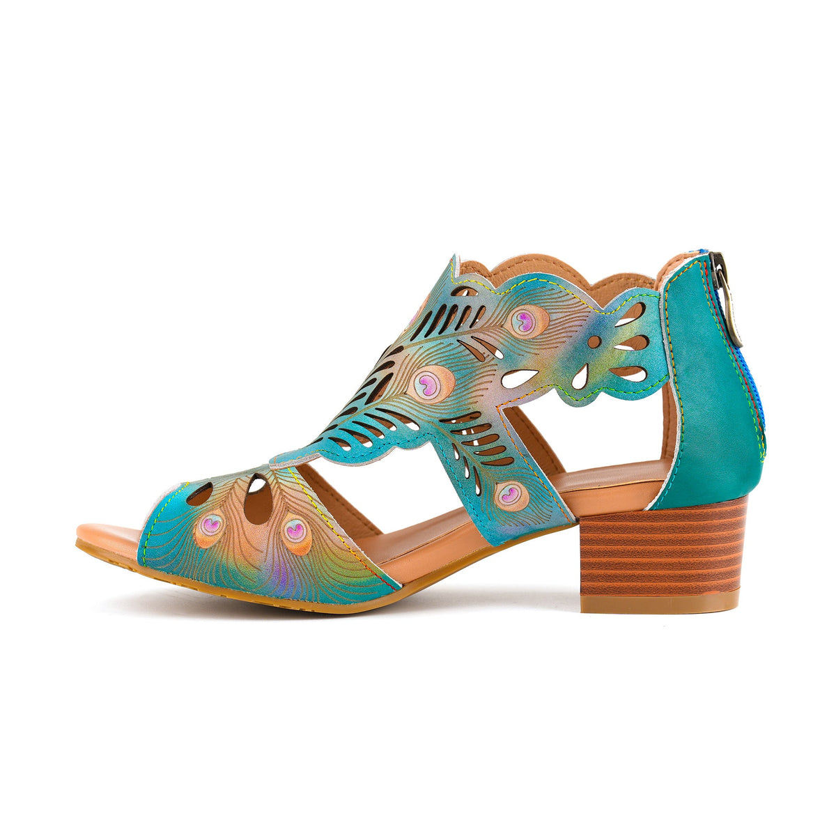 PEACOCK-INSPIRED LEATHER CUTOUT SANDALS
