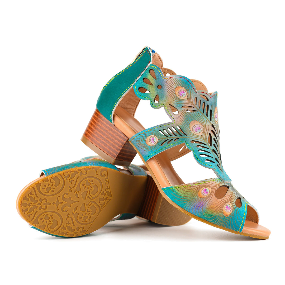 PEACOCK-INSPIRED LEATHER CUTOUT SANDALS