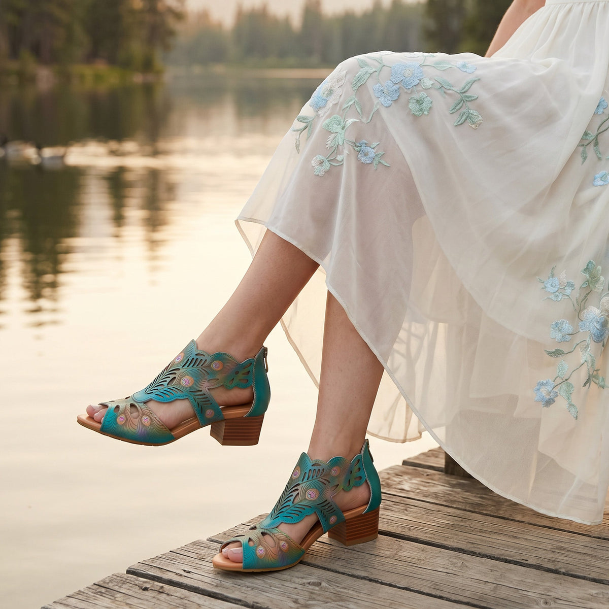 PEACOCK-INSPIRED LEATHER CUTOUT SANDALS
