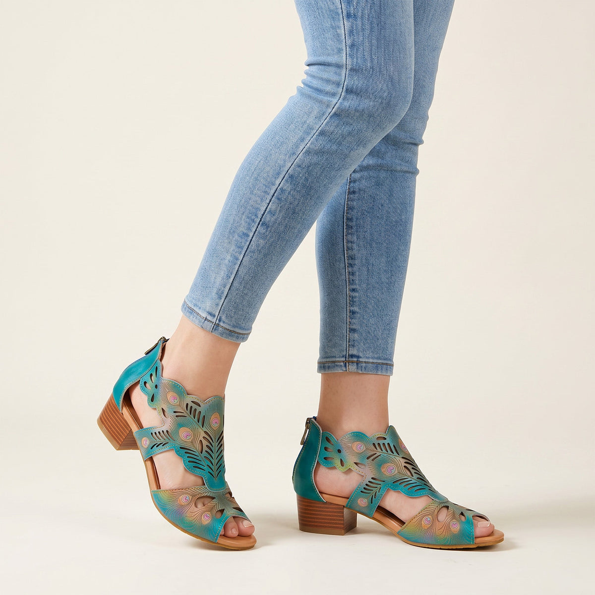 PEACOCK-INSPIRED LEATHER CUTOUT SANDALS