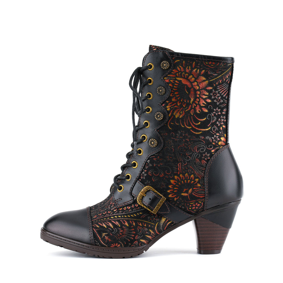 VINTAGE FLORAL VICTORIAN LACE-UP MID-CALF BOOTS