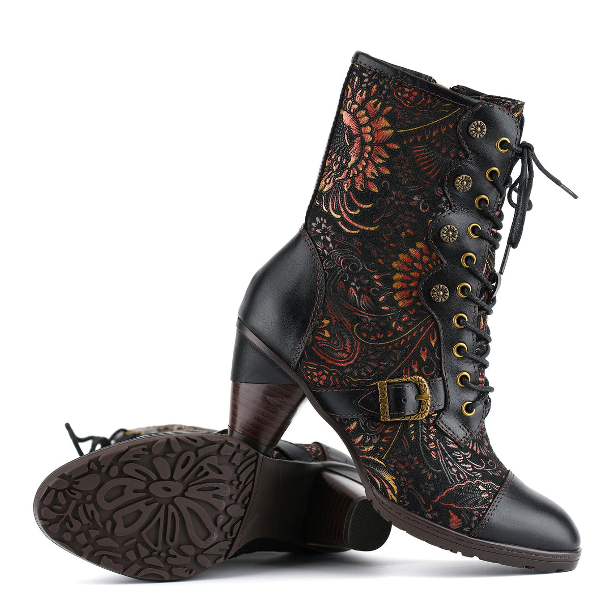 VINTAGE FLORAL VICTORIAN LACE-UP MID-CALF BOOTS