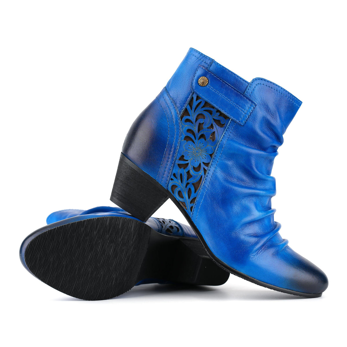 ROYAL BLUE LEATHER FLORAL CUTOUTS ANKLE BOOTS