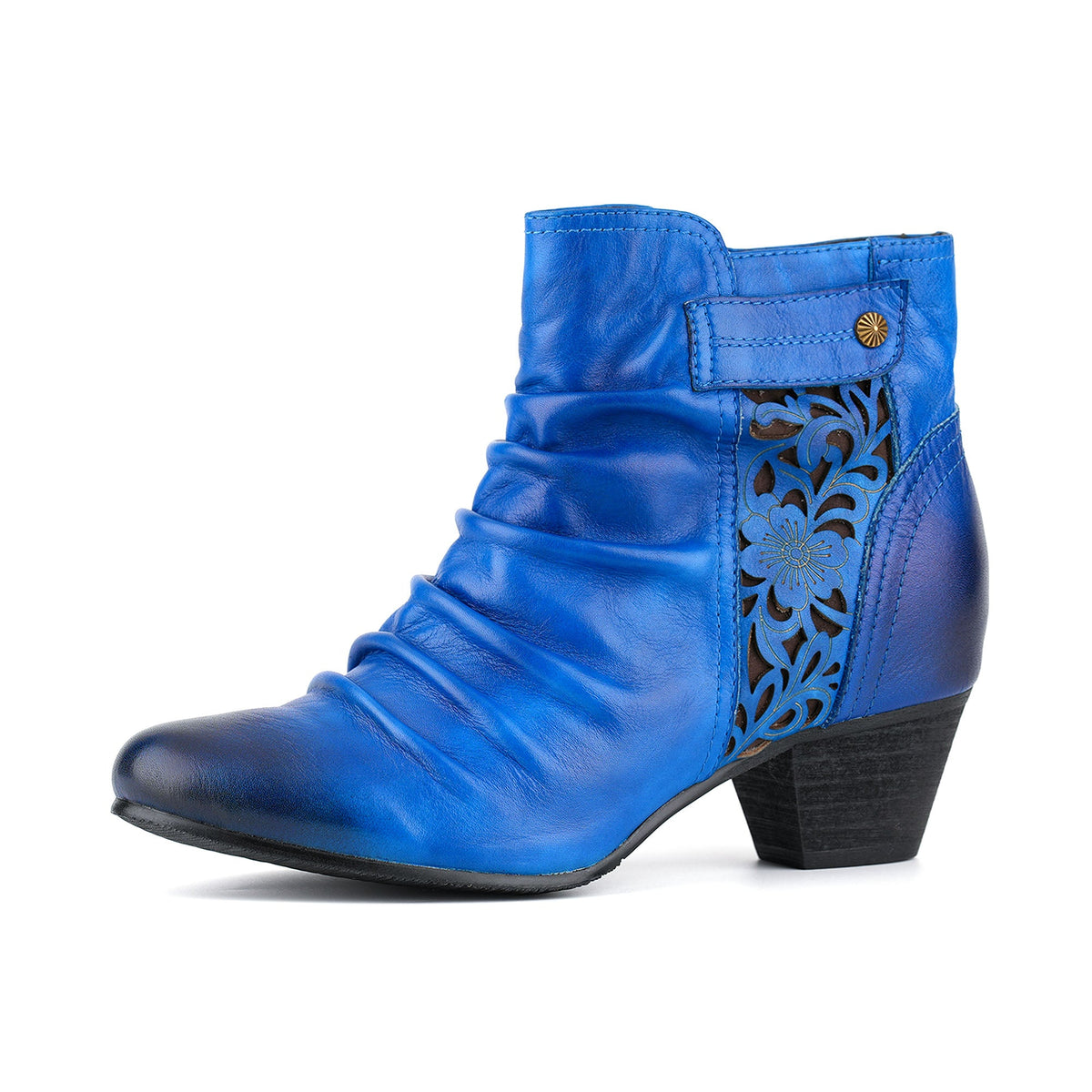 ROYAL BLUE LEATHER FLORAL CUTOUTS ANKLE BOOTS