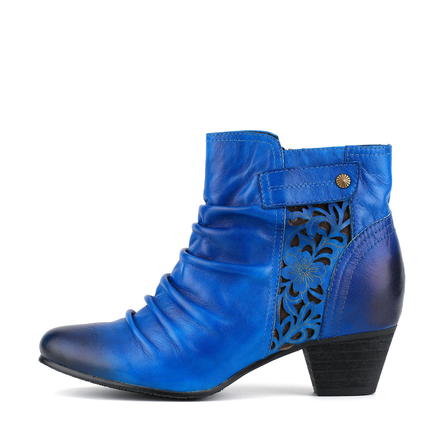 ROYAL BLUE LEATHER FLORAL CUTOUTS ANKLE BOOTS