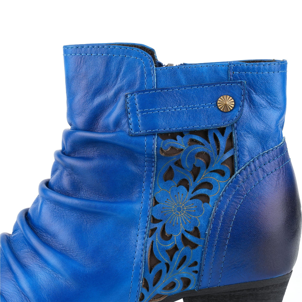 ROYAL BLUE LEATHER FLORAL CUTOUTS ANKLE BOOTS