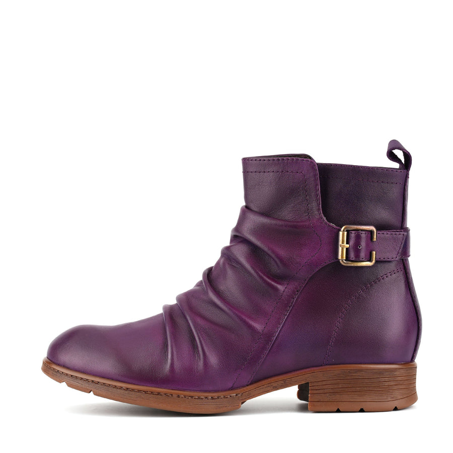 CASUAL PURPLE RUCHED LEATHER ANKLE BOOTS