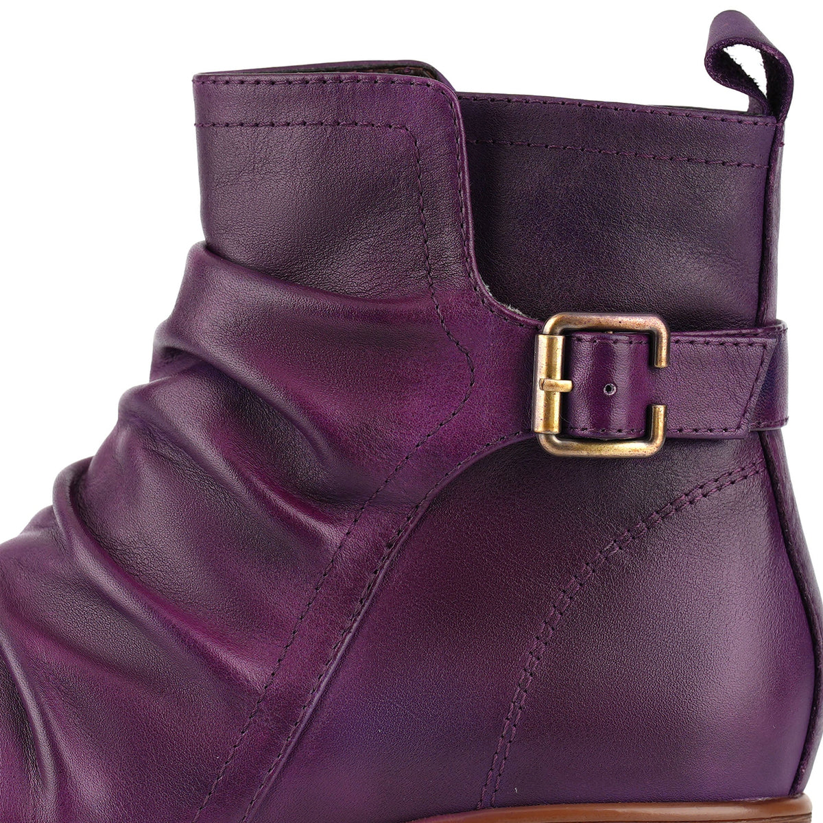 CASUAL PURPLE RUCHED LEATHER ANKLE BOOTS